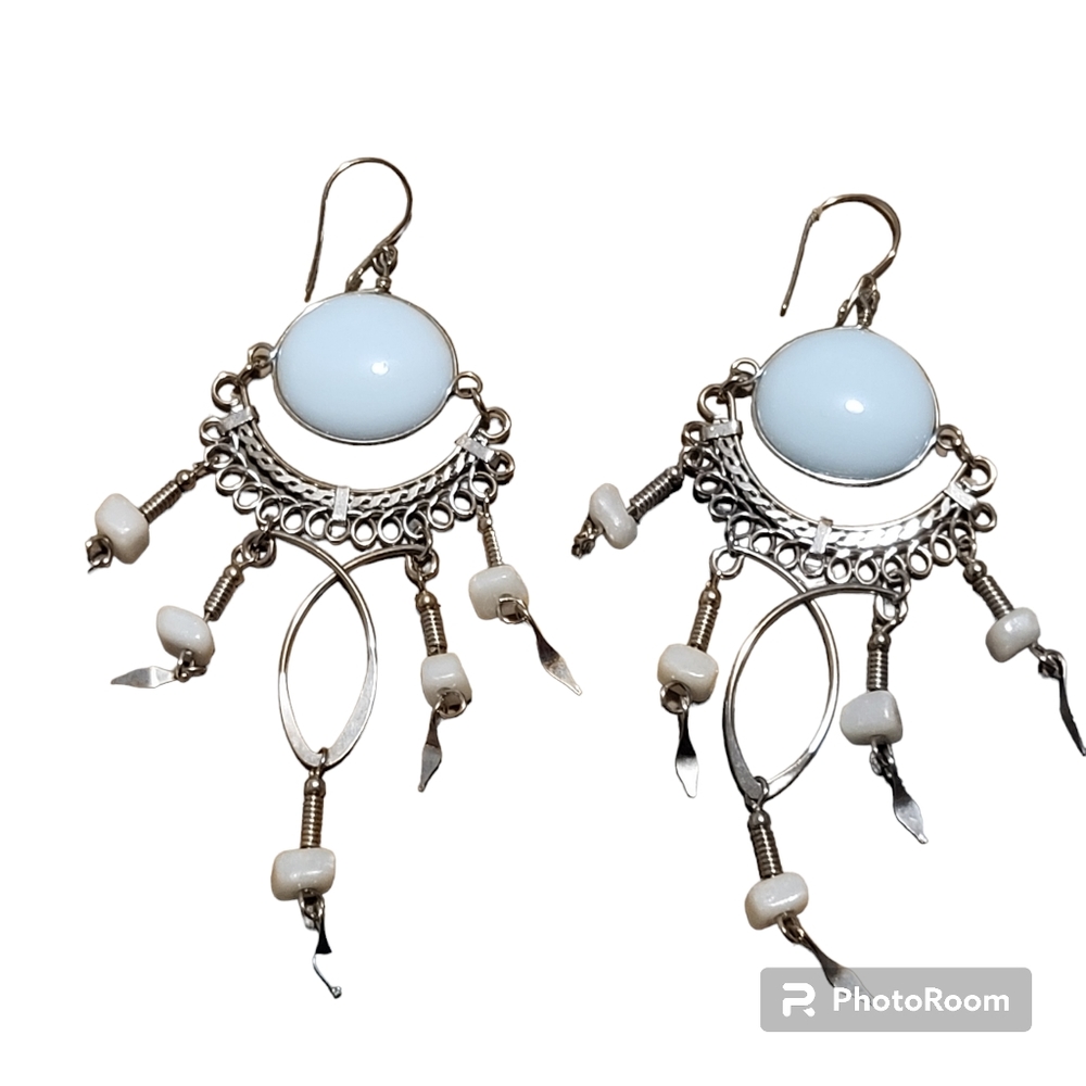 Peruvian Alpaca silver and white stone dangle Chandelier earrings